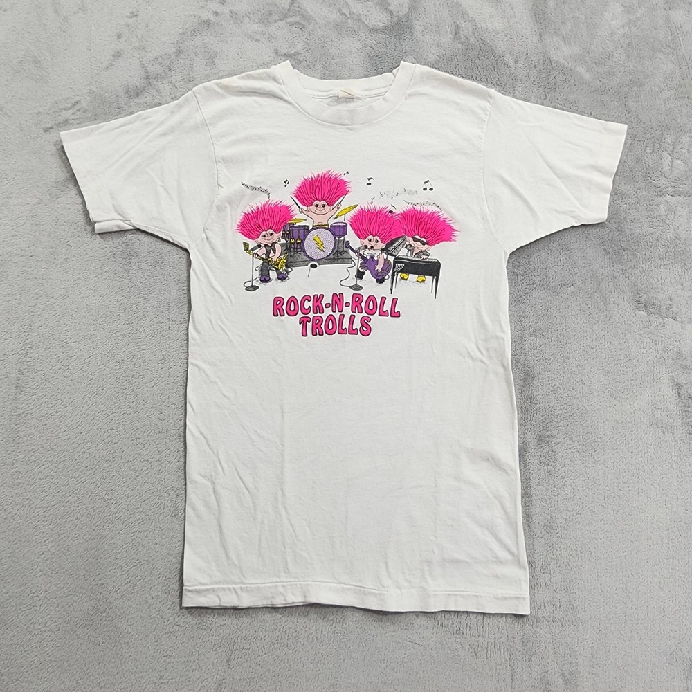 Vintage Rock-N-Roll Trolls Shirt Mens S White Pink Band Cartoon Graphic Tee 90s